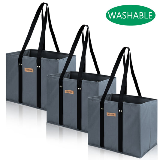 Washable Reusable Grocery Shopping Bags Oxford Cloth Made Foldable Large Durable Sanding Tote with Reinforced Sides and Bottoms(3 Pack - Gray)